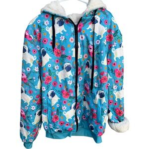 Groove Bags Pug Floral Fleece Lined Hoodie Jacket Zip Up XL Blue soft warm cozy